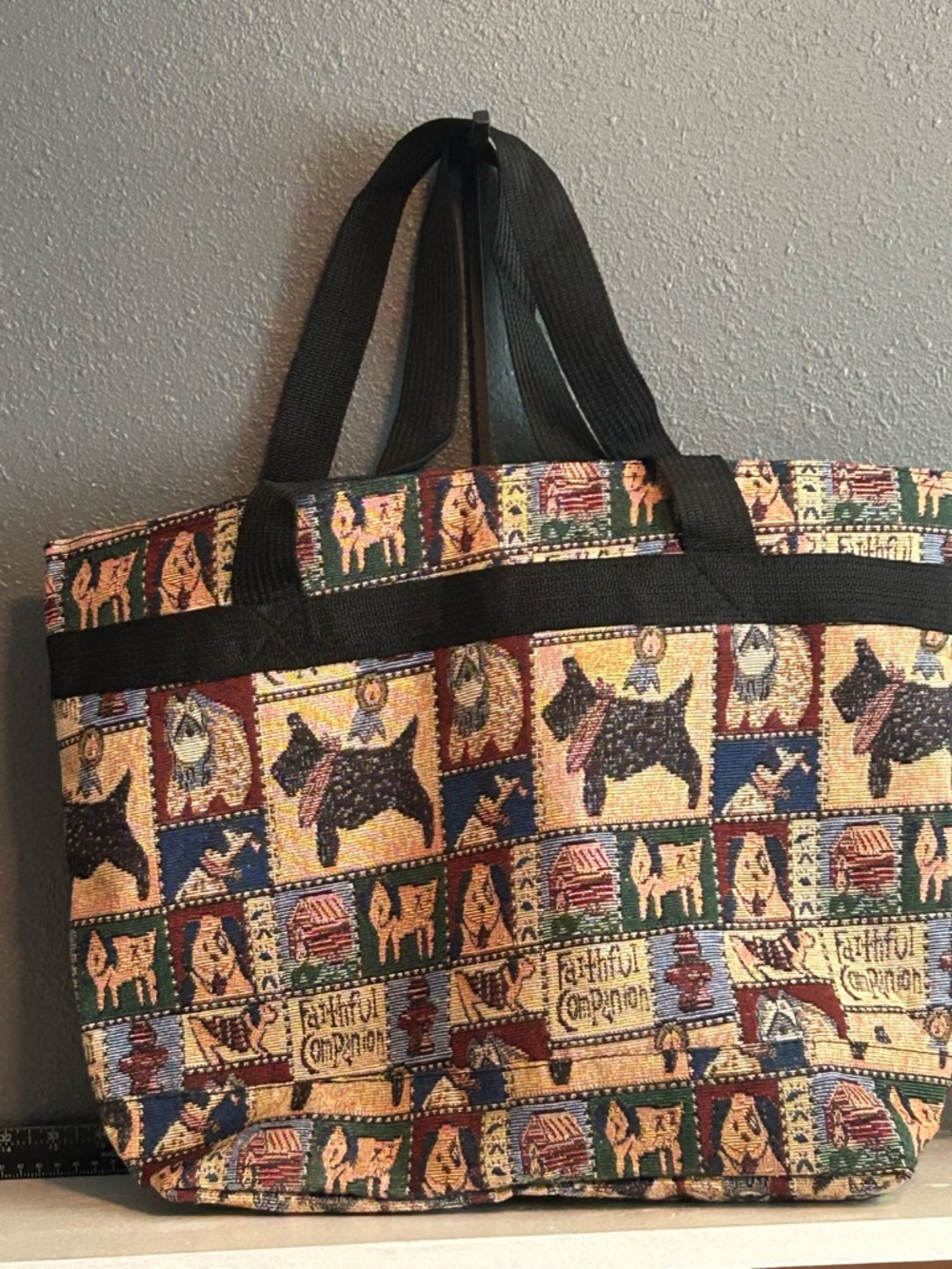Vintage Tapestry Scotty Dog Pattern Tote Bag - Black/Multi - Picture 3 of 5